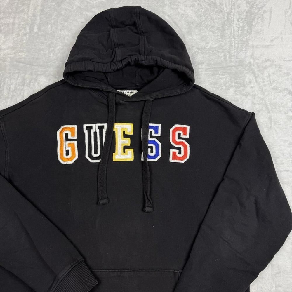 Guess Originals Black Hoodie Multicolor Varsity Logo Men’s M Fleece Casual Y2K